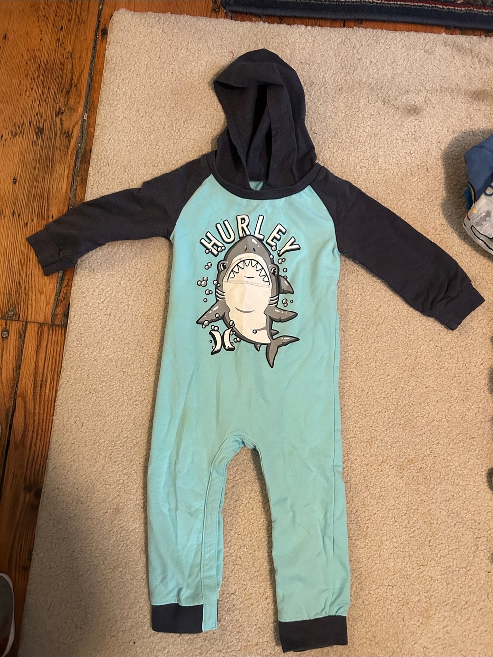 Hurley Aqua and Navy Shark Hooded One-Piece Footie